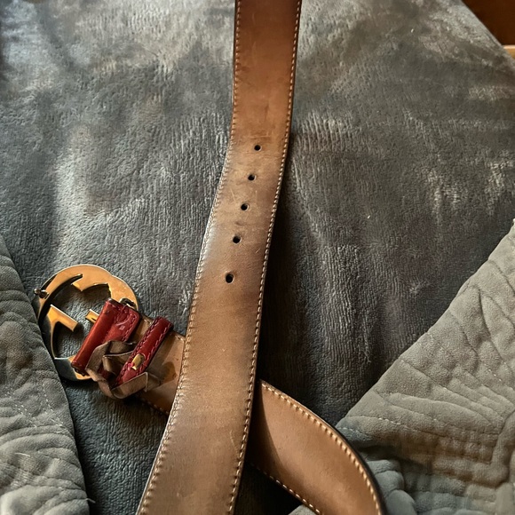 Vintage Gucci Red Leather Monogram Belt Silver Buckle 33 - Picture 4 of 6